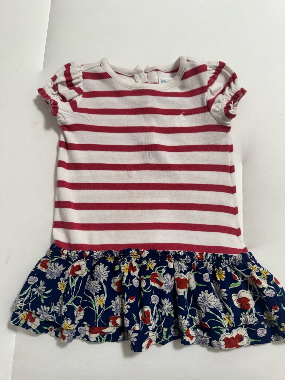 Ralph Lauren Baby Girl Red & White Striped Dress with Floral Ruffle